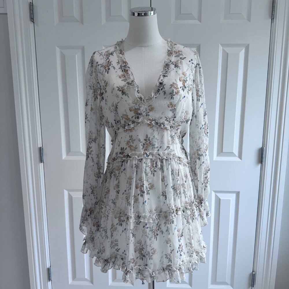 Aladore Floral Raffles Fit & Flare Mini Dress Open Back Long Sleeve Size M